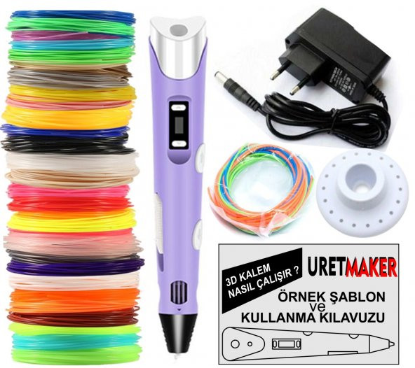 MOR Renk 3D Pen Kalem Yazıcı ve 100 metre PLA Filament (25 renk x 4 metre)