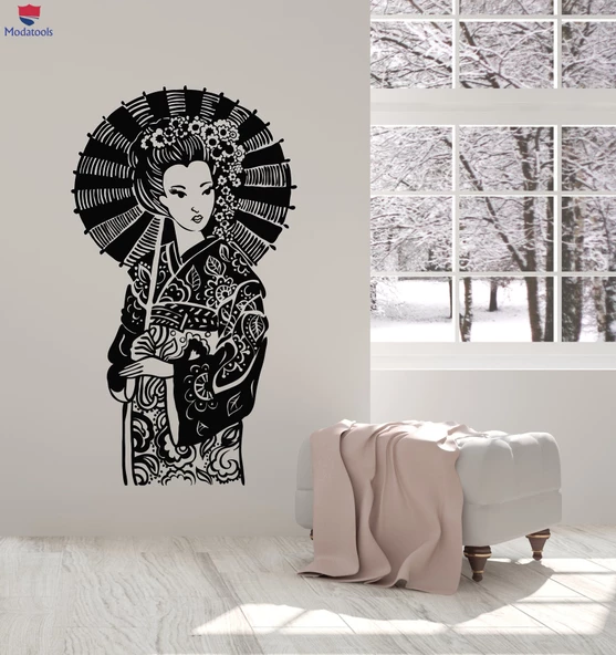 Oturma Odası, Yatak Odası Duvar Sticker Şemsiye Oryantal Çiçekler Çıkartmalar Ile Japon Güzellik Geyşa