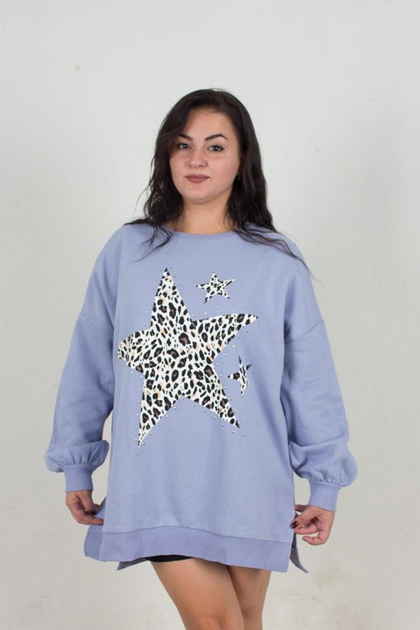 Truva Xxl Büyük Beden Droplu Yıldızlı  Sweat Mavi S006 - 1
