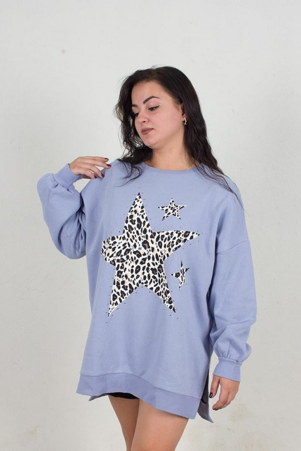 Truva Xxl Büyük Beden Droplu Yıldızlı  Sweat Mavi S006 - 5