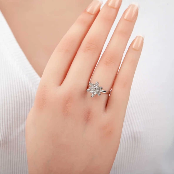 Gümüş Beyaz Taşlı Lotus Çiçeği Kadın Yüzük SL5366 - Resim 2