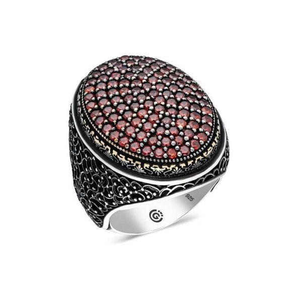 Gümüş Kırmızı Zirkon Taşlı Oval Erkek Yüzük  SL4566
