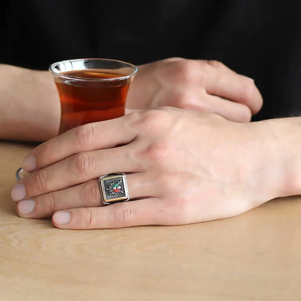 Gümüş Osmanlı Devlet Armalı Erkek Yüzük  SL3262 - Resim 4