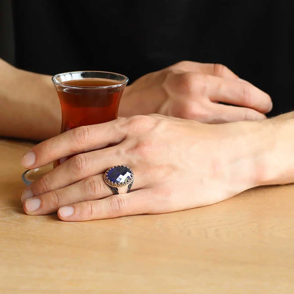 Gümüş Mavi Zirkon Taşlı Erkek Yüzük  SL3256 - Resim 4