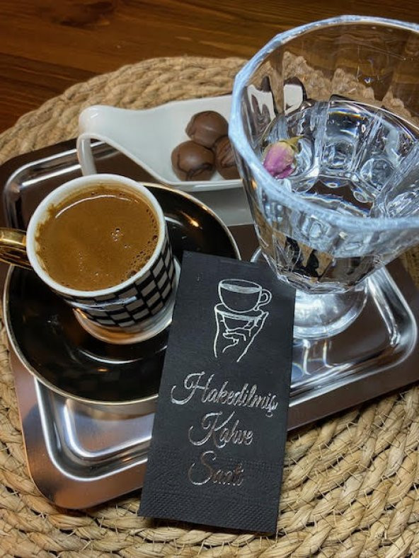 Gümüş Yaldızlı Siyah Hakedilmiş Kahve Saati Peçete 6x12 cm