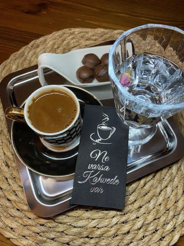 Gümüş Yaldızlı Siyah Ne Varsa Kahvede Var Peçete 6x12 cm