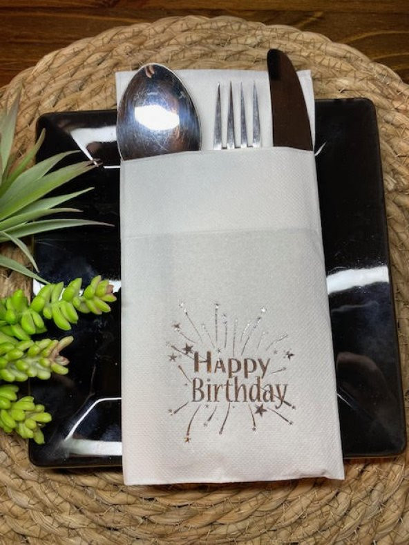 Gümüş Yaldızlı Beyaz Cepli Happy Bırthday Peçete 12 Adet 40x40