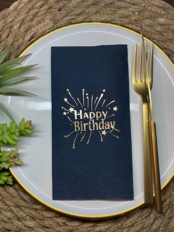 Gold Yaldızlı Siyah Happy Bırthday Garson Katlama Peçete 16 lı