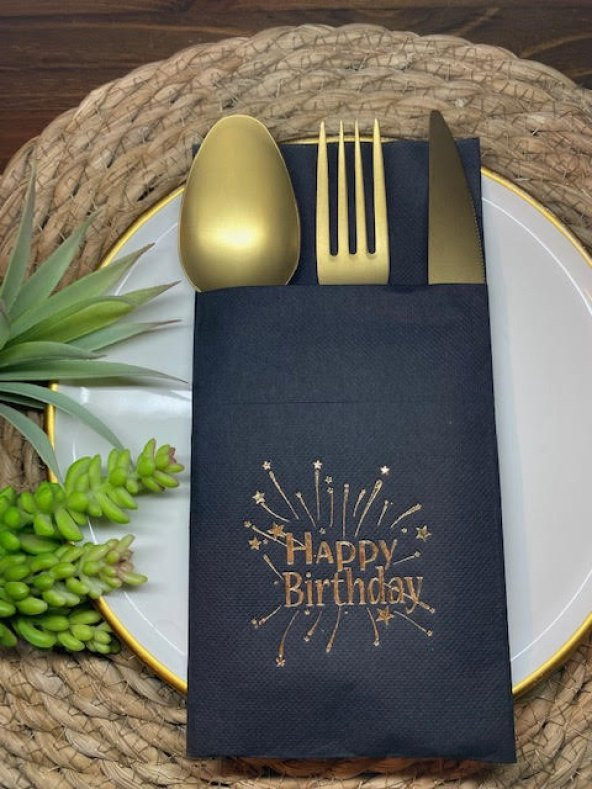 Gold Yaldızlı Siyah Cepli Happy Bırthday Peçete 12 Adet 40x40