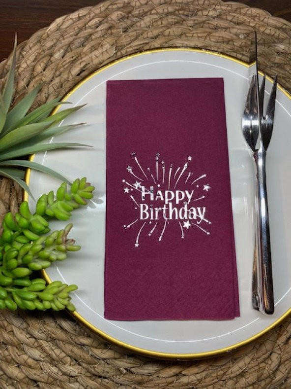 Gümüş Yaldızlı Bordo Happy Bırthday Garson Katlama Peçete 16 lı ürün görseli 1
