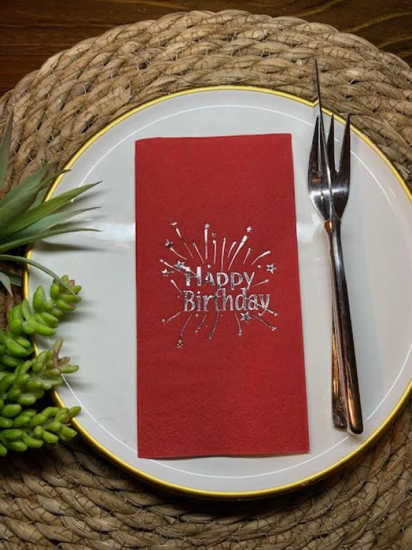 Gümüş Yaldızlı Kırmızı Happy Bırthday Garson Katlama Peçete 16 lı ürün görseli