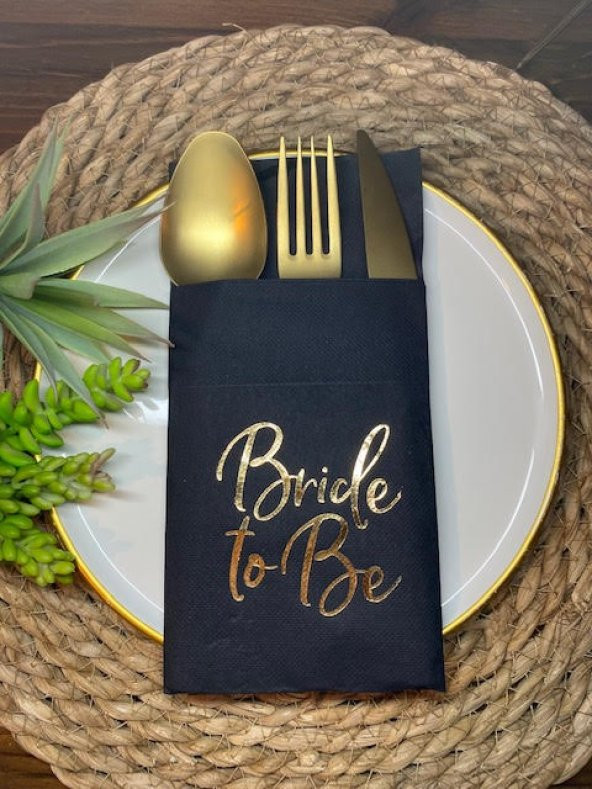 Gold Yaldızlı Siyah Bride To Be Cepli Peçete 12 lı 40x40 ürün görseli 1