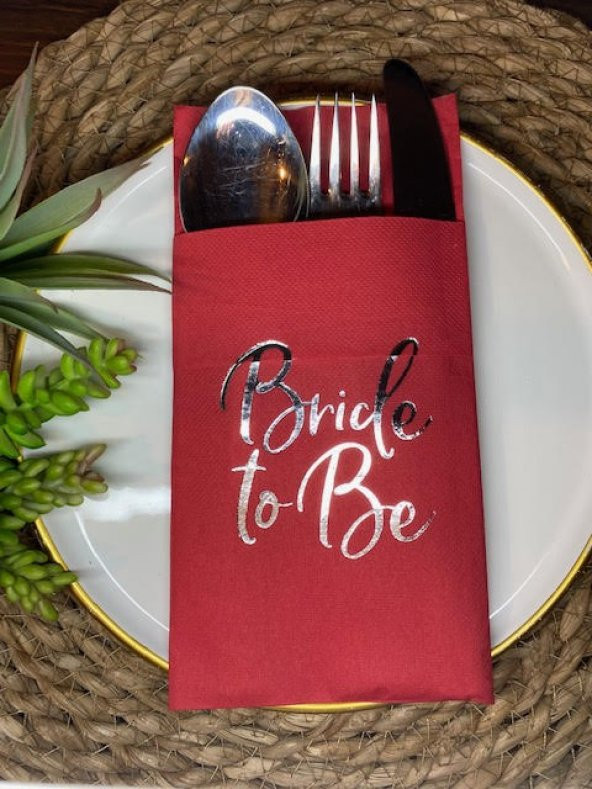 Gümüş Yaldızlı Kırmızı Bride To Be Cepli Peçete 12 lı 40x40 ürün görseli 1