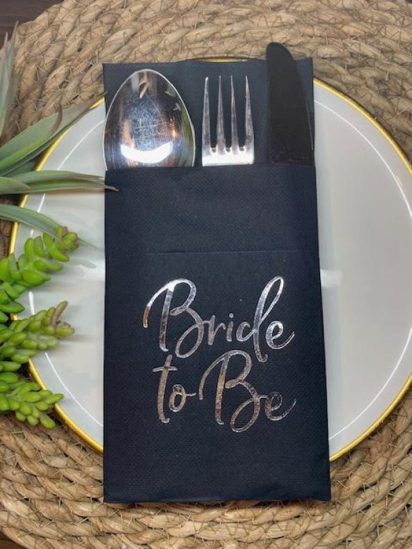 Gümüş Yaldızlı Siyah Bride To Be Cepli Aır Touch Peçete 12 lı 40x40 ürün görseli 1