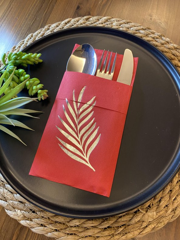 Gümüş Yaldızlı Kırmızı Yaprak Cepli Aır Touch Peçete 12 lı 40x40 - Resim 2