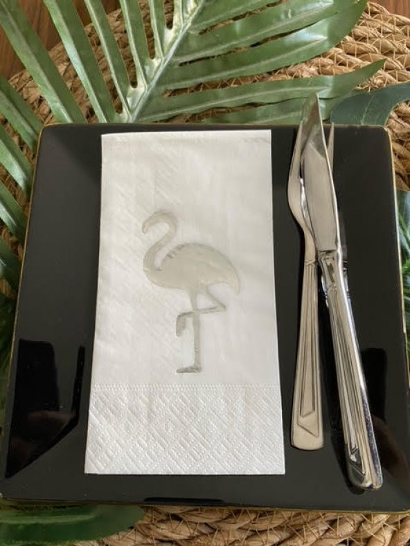 Gümüş Yaldızlı Beyaz Flamingo Peçete