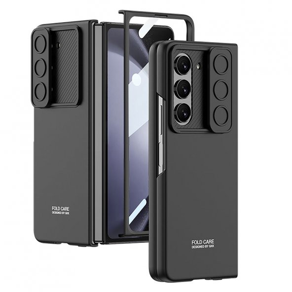 KNY Samsung Galaxy Z Fold 5 Kılıf Kamera Korumalı Sürgülü Ekran Koruyuculu Kıpta Kapak Siyah