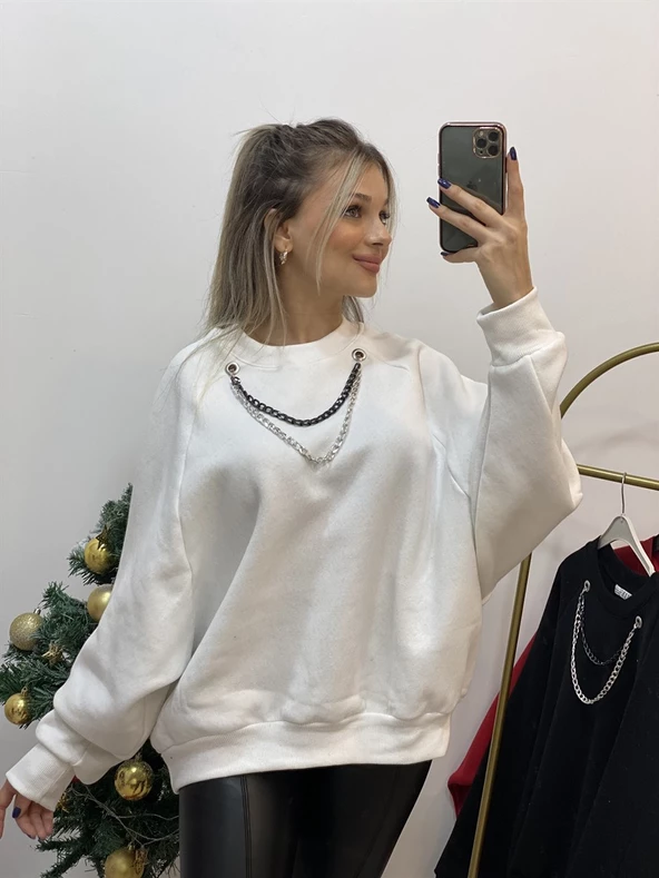 Yarasa Kol Kolyeli İçi Şardonlu Sweatshirt - 2