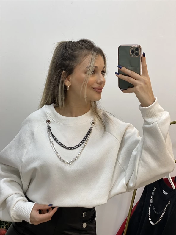 Yarasa Kol Kolyeli İçi Şardonlu Sweatshirt - 3