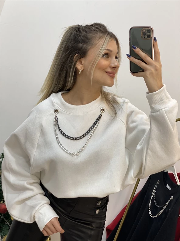 Yarasa Kol Kolyeli İçi Şardonlu Sweatshirt - 4