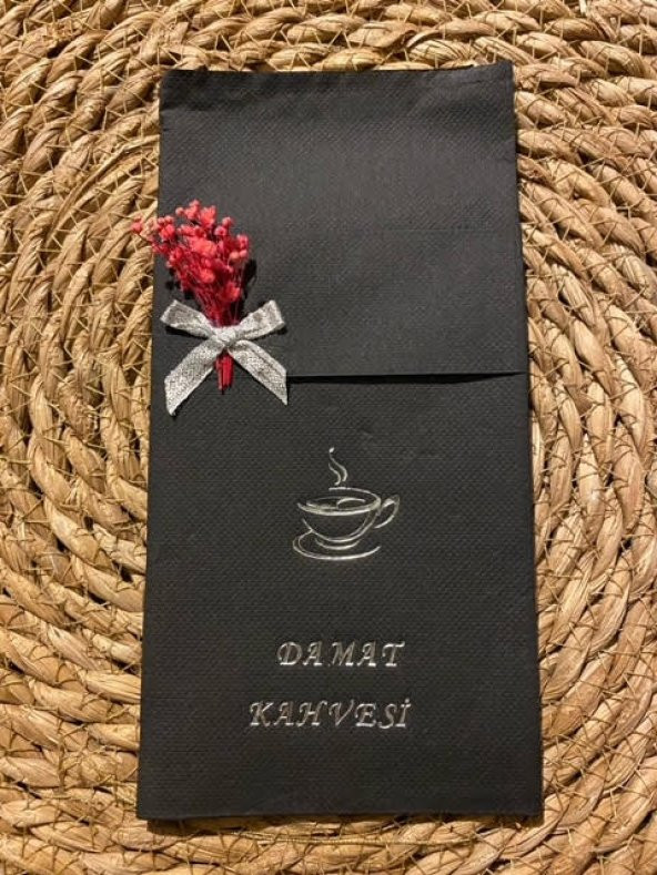 Gümüş Yaldızlı Siyah Çiçekli Damat Kahvesi Cepli Peçete