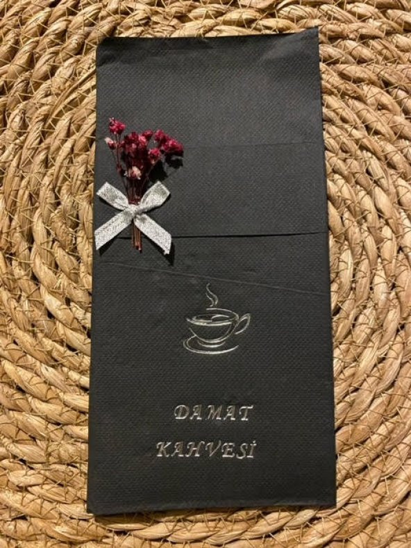 Gümüş Yaldızlı Siyah Çiçekli Damat Kahvesi Cepli Peçete - 2