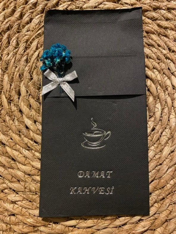 Gümüş Yaldızlı Siyah Çiçekli Damat Kahvesi Cepli Peçete - 3