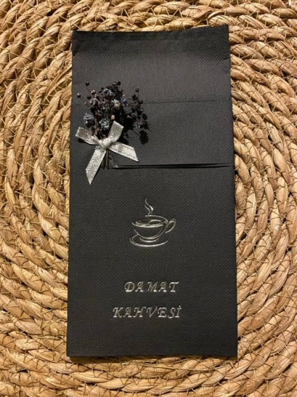 Gümüş Yaldızlı Siyah Çiçekli Damat Kahvesi Cepli Peçete - 4