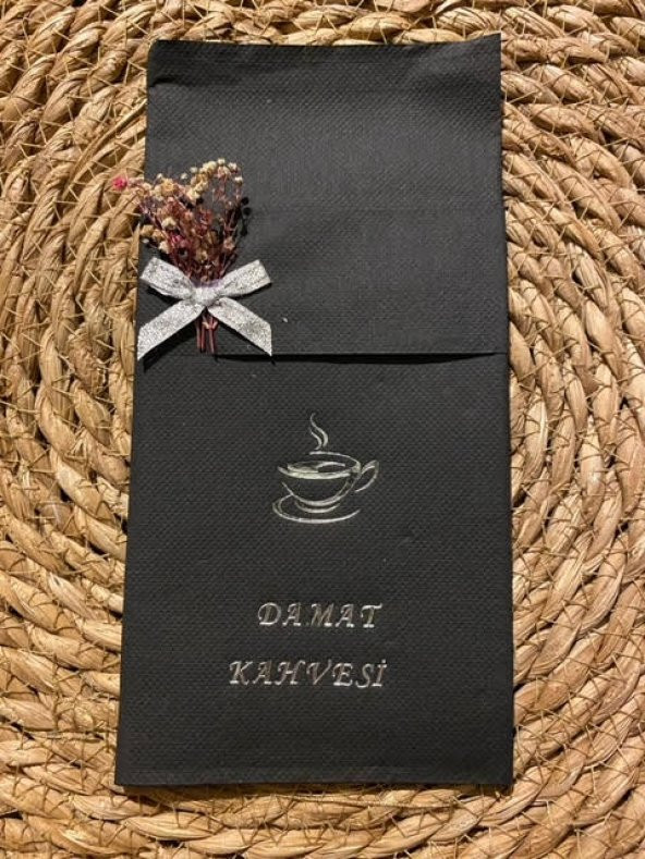 Gümüş Yaldızlı Siyah Çiçekli Damat Kahvesi Cepli Peçete - 5