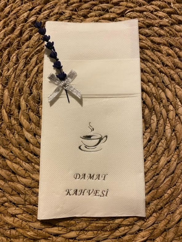 Gümüş Yaldızlı Beyaz Çiçekli Damat Kahvesi Cepli Peçete