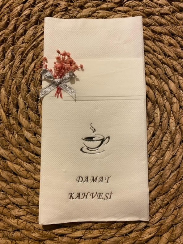 Gümüş Yaldızlı Beyaz Çiçekli Damat Kahvesi Cepli Peçete - 2