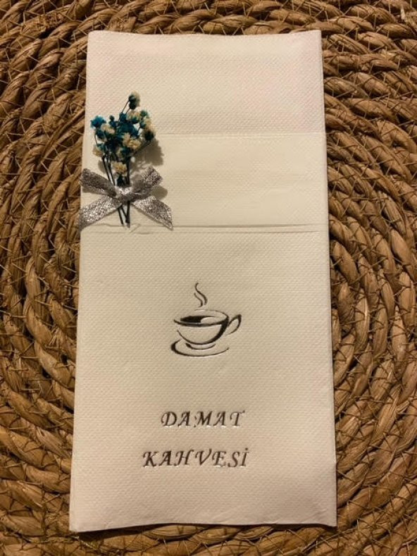 Gümüş Yaldızlı Beyaz Çiçekli Damat Kahvesi Cepli Peçete - 3