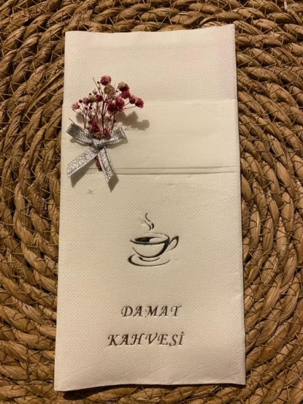 Gümüş Yaldızlı Beyaz Çiçekli Damat Kahvesi Cepli Peçete - 4