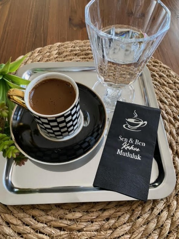 Gümüş Yaldızlı Siyah Sen ve Ben Kahve Mutluluk Peçete 6x12 cm