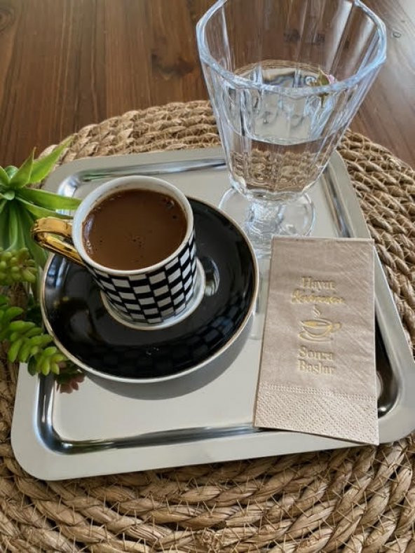 Gümüş Yaldızlı Siyah Hayat Kahveden Sonra Başlar Peçete 6x12 cm