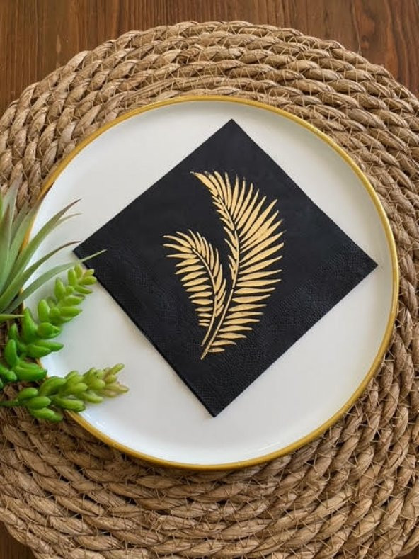 Gold Yaldızlı Siyah Yaprak Kokteyl Peçete 24x24 ürün görseli 1