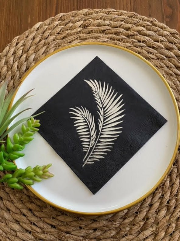 Gümüş Yaldızlı Siyah Yaprak Kokteyl Peçete 24x24 ürün görseli 1