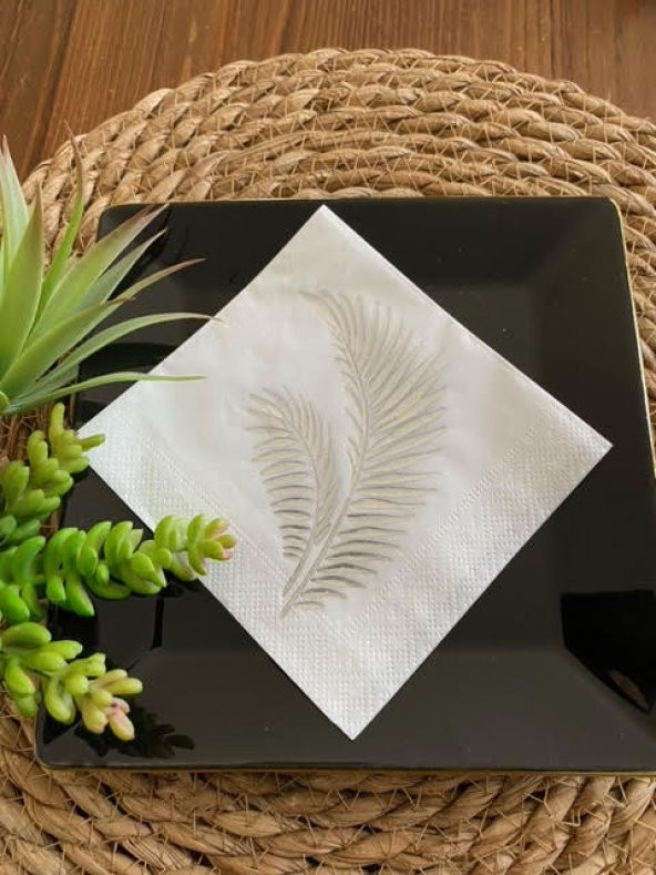 Gümüş Yaldızlı Beyaz Yaprak Kokteyl Peçete 24x24 ürün görseli 1