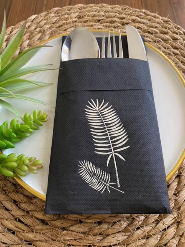 Gümüş Siyah Cepli Palmiye Peçete 12 Adet 40x40 ürün görseli 1