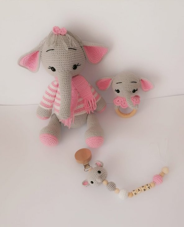Sevimli Fil Yeni Doğan Seti Amigurumi Organik Oyuncak - 2