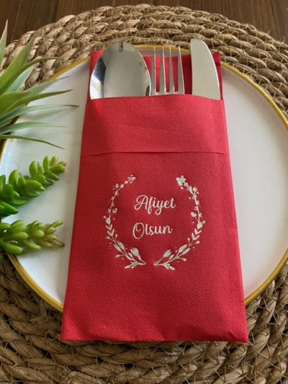 Gümüş Yaldızlı Kırmızı Afiyet Olsun Cepli Peçete 12 lı 40x40 ürün görseli 1