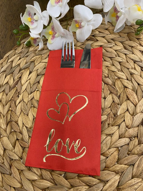 Gold Kırmızı Cepli Aır Touch Kalpli Love Yazılı Peçete 12 Adet 40x40