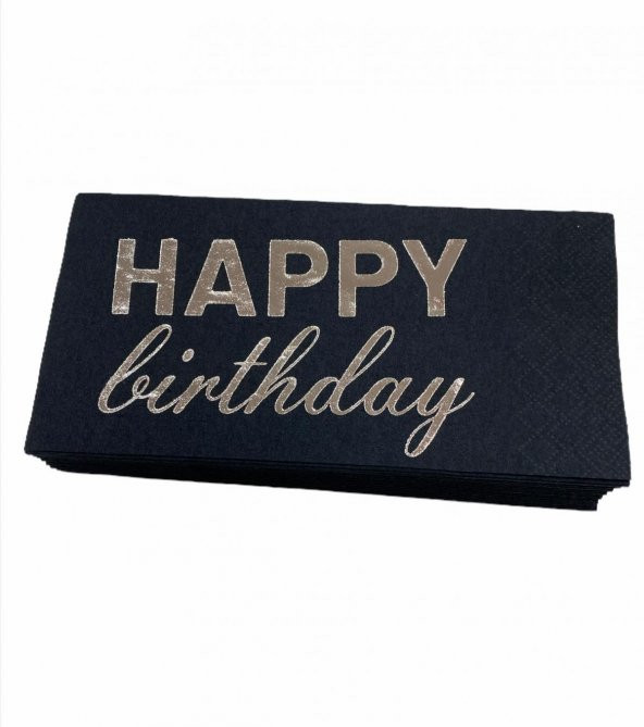 Gümüş Yaldızlı Siyah Happy Bırthday Garson Peçete