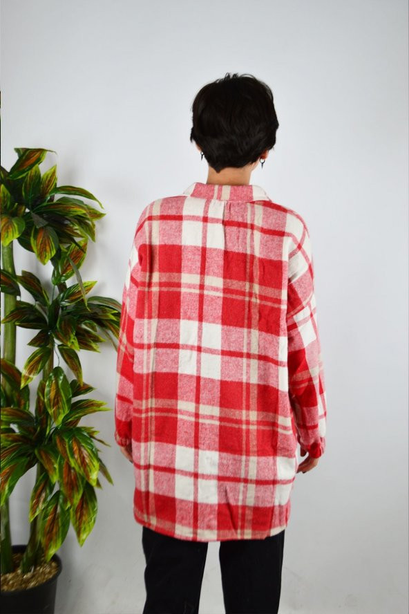 Kadın Kırmızı Ekose Desenli Kaşe Pamuklu Oduncu Oversize Ceket Gömlek - 2