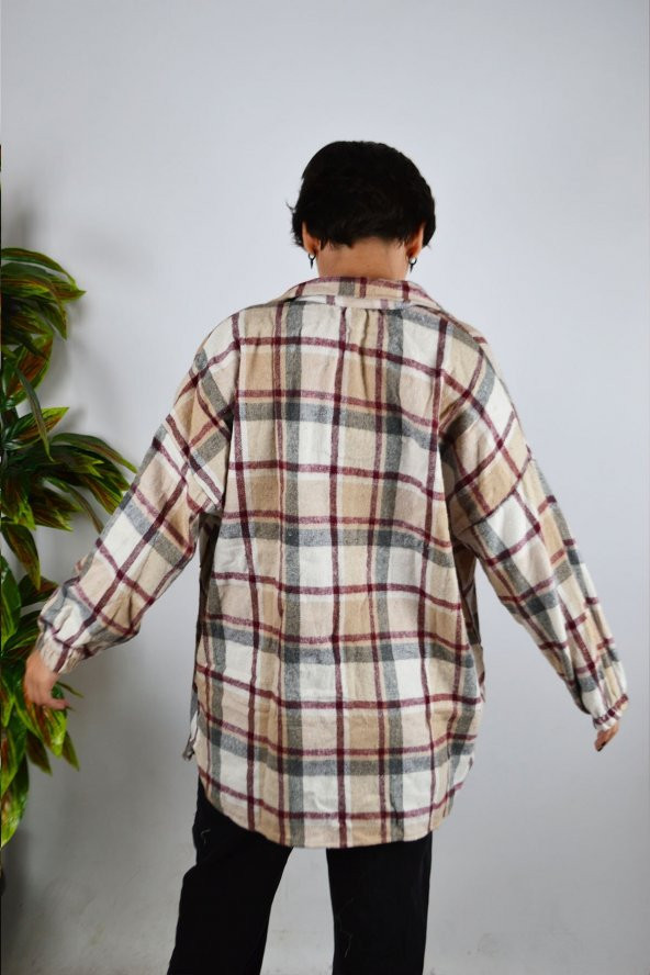 Kadın Beyaz Ekose Desenli Kaşe Pamuklu Oduncu Oversize Ceket Gömlek - 2