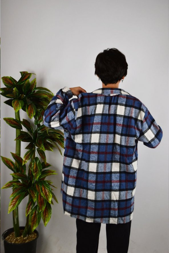 Kadın Mavi Ekose Desenli Kaşe Pamuklu Oduncu Oversize Ceket Gömlek - 2