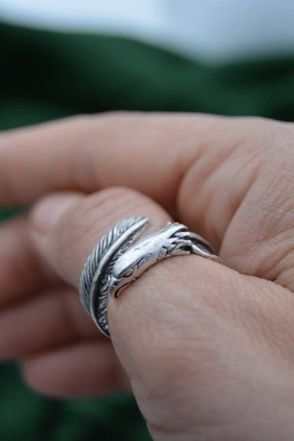STONEAGE Unisex Ayarlanabilen Kartal ve Tüy Figürlü Bohem Pirinç Üzerine Antik Gümüş Kaplama Yüzük - 3