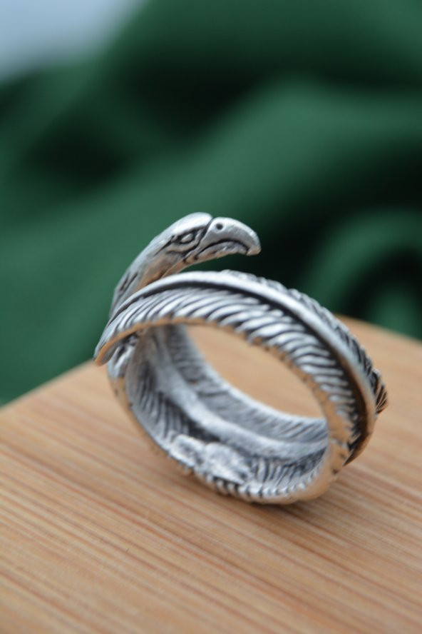STONEAGE Unisex Ayarlanabilen Kartal ve Tüy Figürlü Bohem Pirinç Üzerine Antik Gümüş Kaplama Yüzük - 4