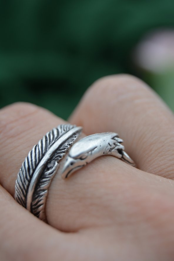 STONEAGE Unisex Ayarlanabilen Kartal ve Tüy Figürlü Bohem Pirinç Üzerine Antik Gümüş Kaplama Yüzük - 5