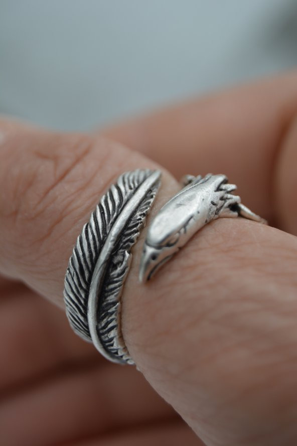 STONEAGE Unisex Ayarlanabilen Kartal ve Tüy Figürlü Bohem Pirinç Üzerine Antik Gümüş Kaplama Yüzük - 6